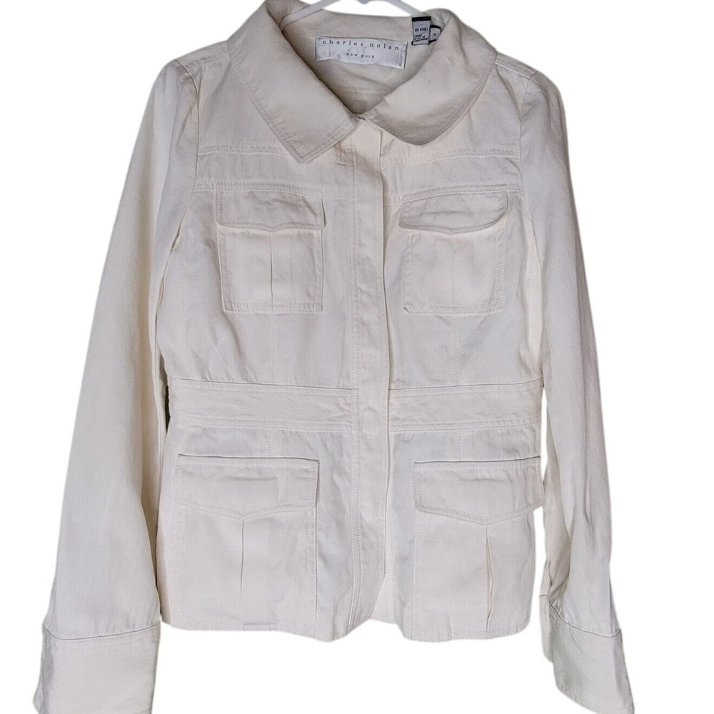 Charles‎ Nolan Blazer Size 8 Ivory Snap Button Cargo Pockets Utility NY
